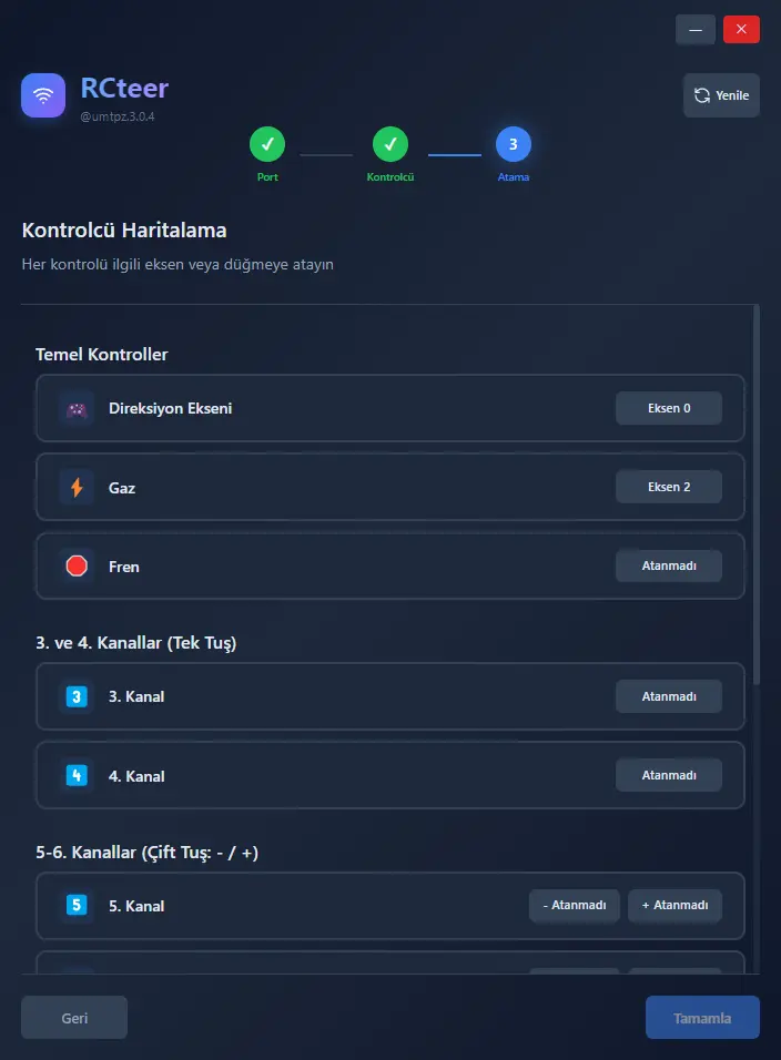 RCteer® konfigürasyon ekranı: port, kontrolcü, atama